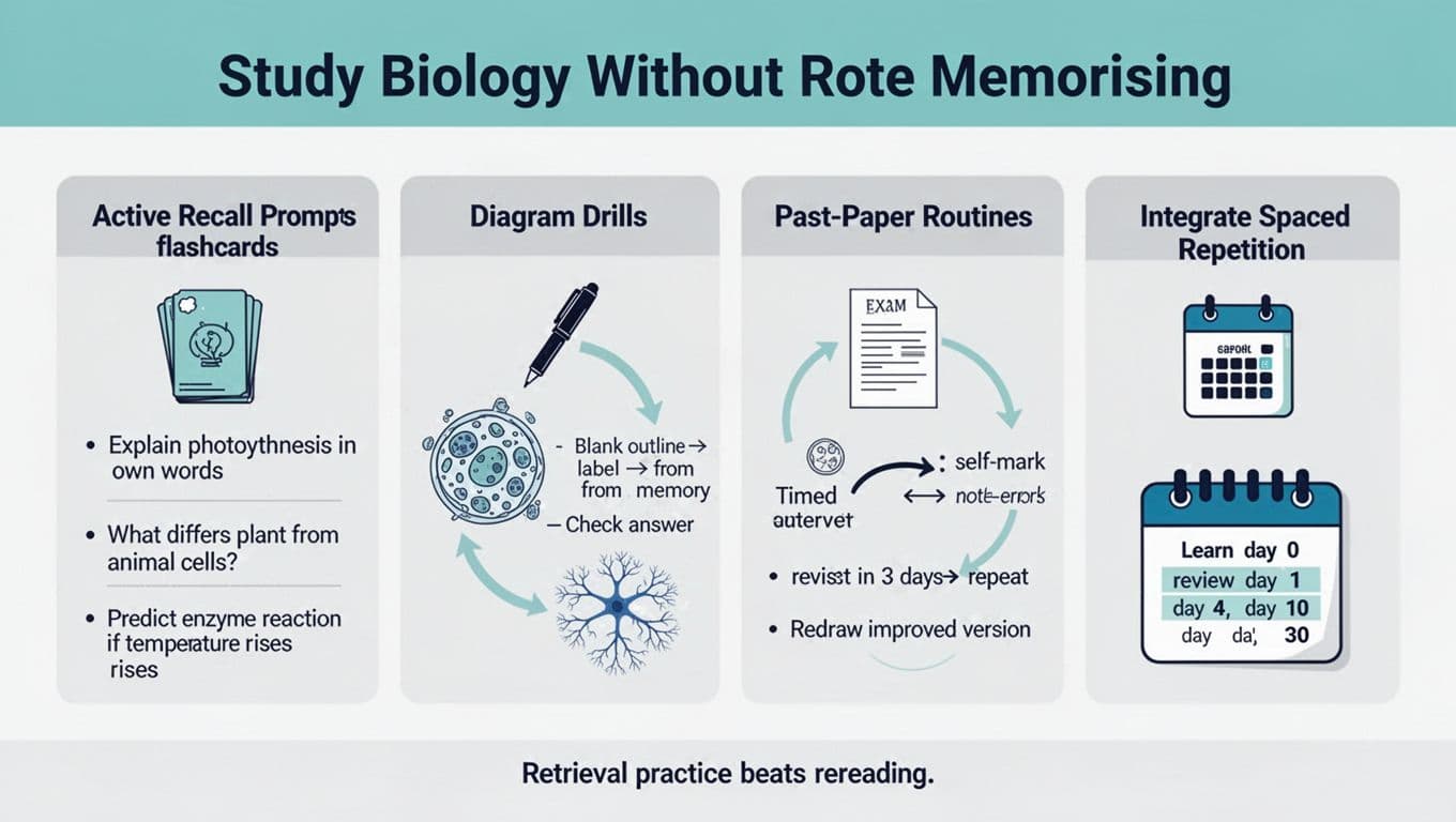 Biology study infographic with active recall, diagram drills, past-paper routine, and spaced review plan
