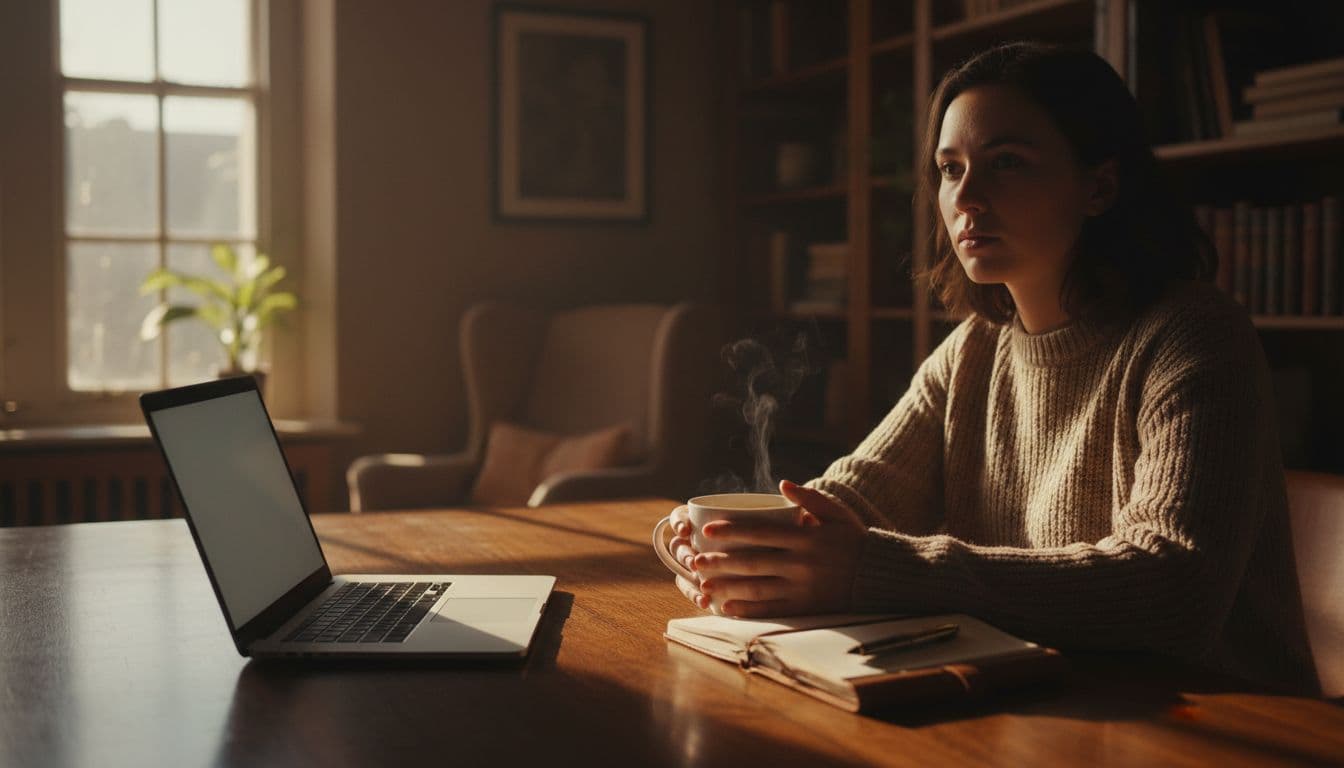 A person in a cozy UK home office holds a steaming white ceramic mug of coffee with both hands, relaxed, with mid-morning sunlight streaming through the window highlighting the wooden desk, laptop, and notebook nearby, creating a calm atmosphere for focused work.