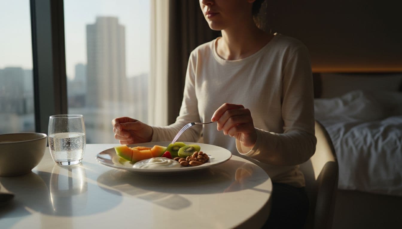 A single person enjoys a simple light breakfast of fresh fruit slices, plain yoghurt, and nuts on a white plate at a sunny hotel room table, illuminated by natural window light.