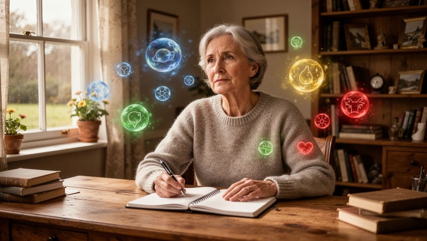 Thoughtful middle-aged person sitting at wooden desk in cozy home study with open notebook and pen, subtle emotional orbs in blue green yellow red floating around, calm reflective expression, realistic style warm daylight.