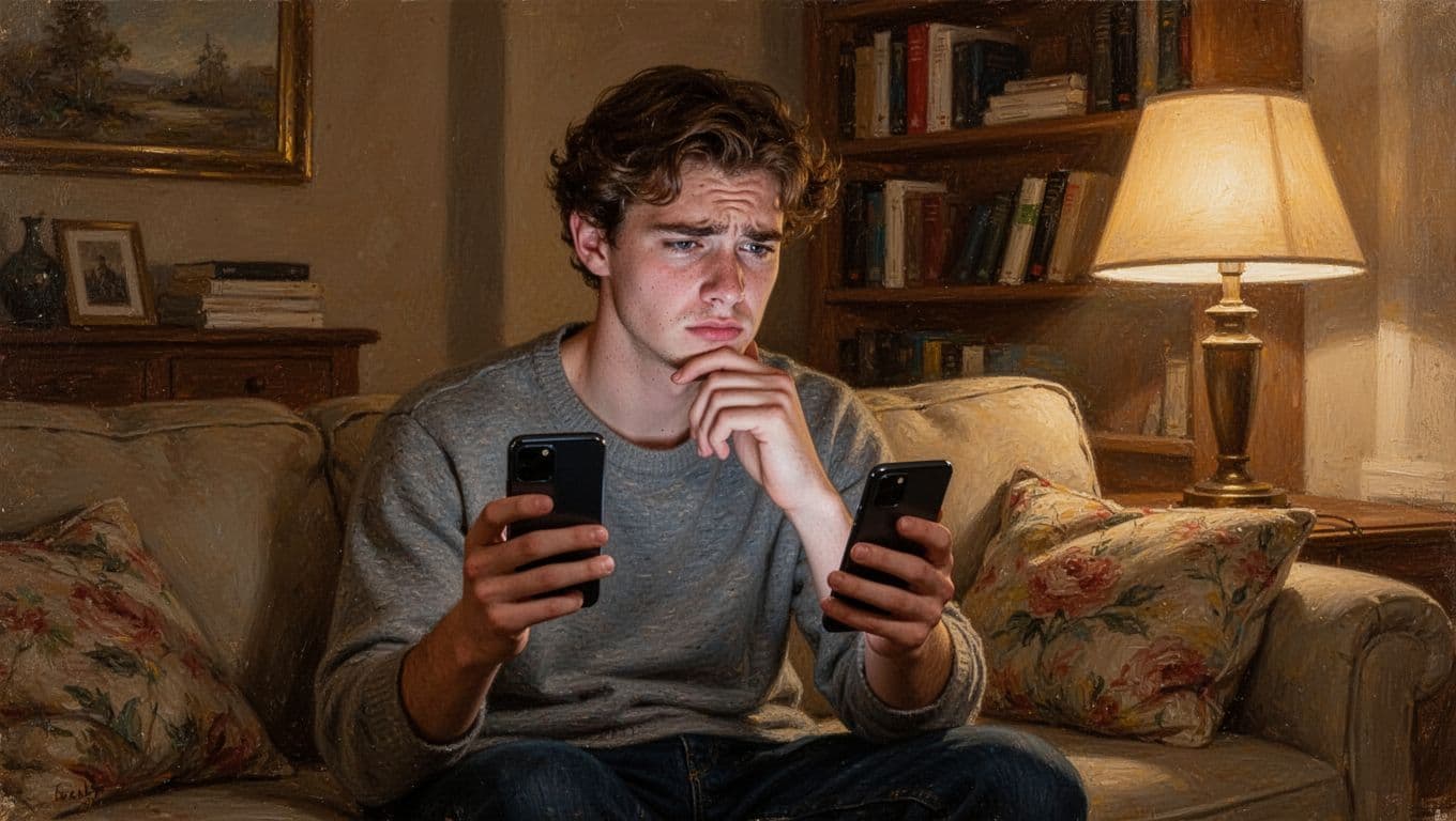 A young adult sits on a sofa in a cozy living room, holding a smartphone thoughtfully with a slight frown after reading a message, illuminated by warm lamp light in an evening atmosphere with bookshelves background, in realistic oil painting style.