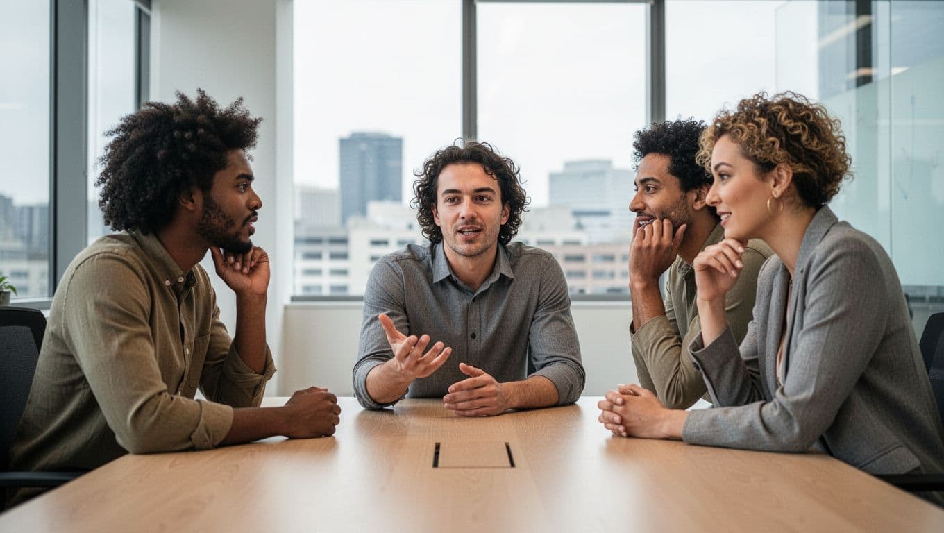 Three diverse adults gathered around a table in a modern office meeting room, one speaking with an open hand gesture while the others lean in attentively with nods, lit by natural window light in a realistic photograph.
