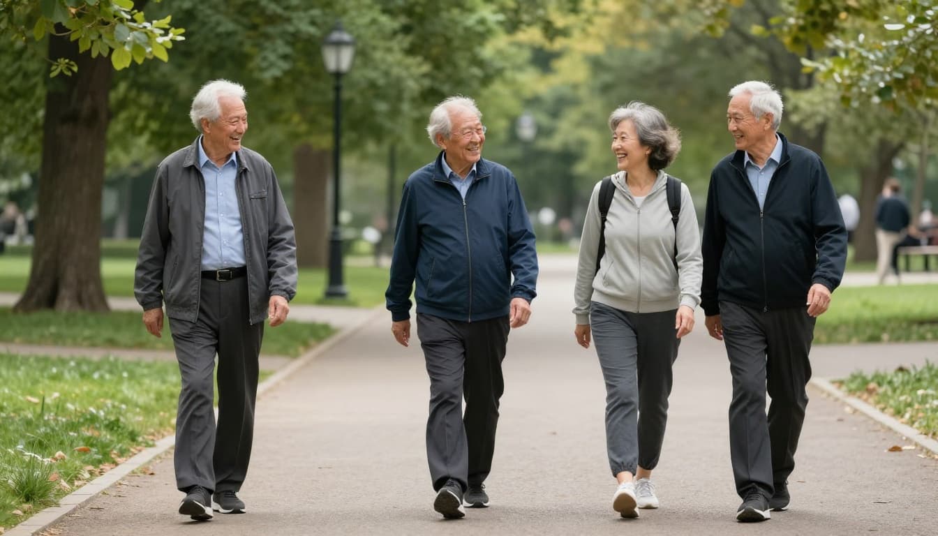 Three fit older adults aged 65-79 walking together on a sunny park path, laughing and chatting in natural daylight, captured in realistic photography style.
