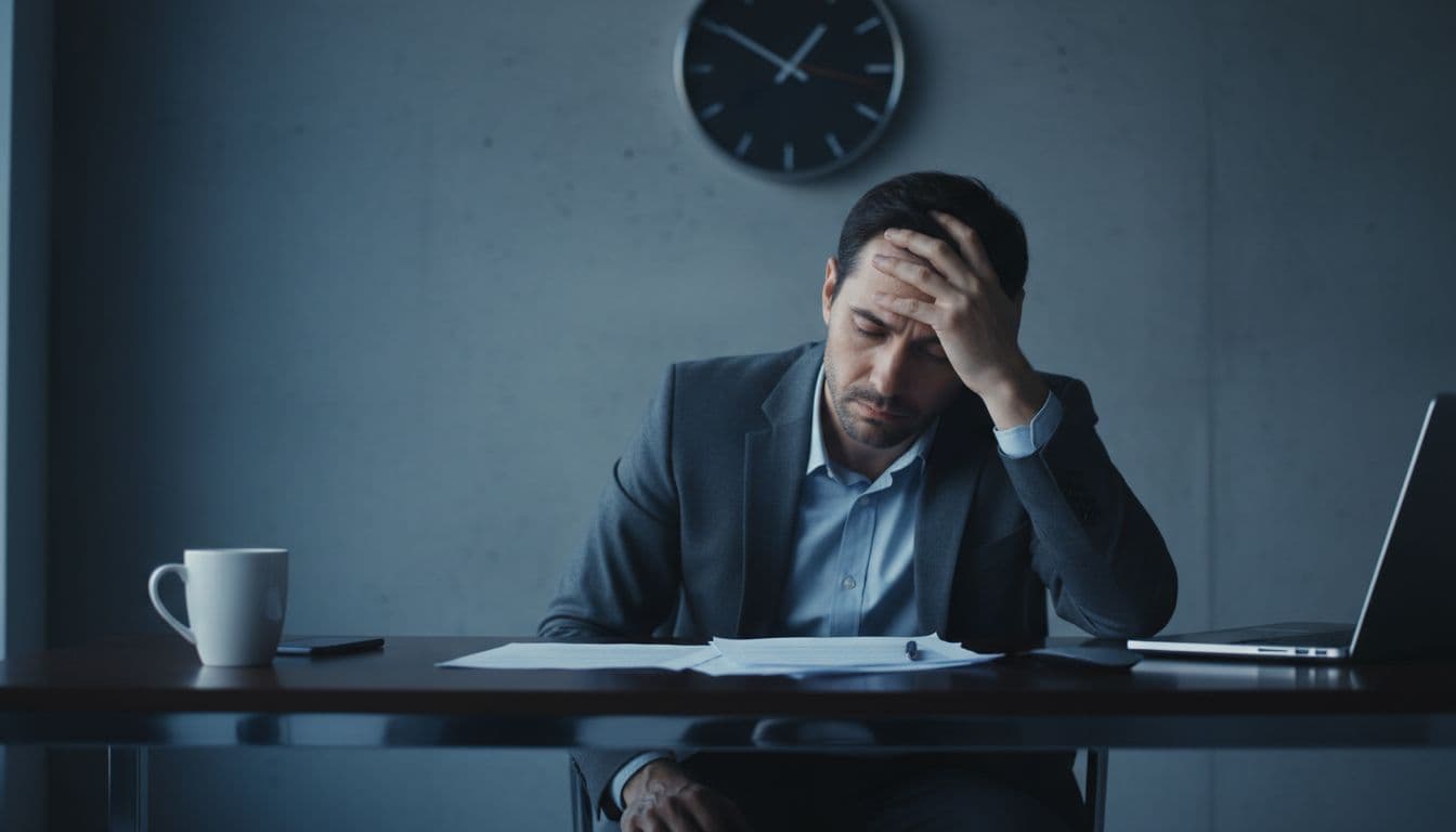 A single tired adult at a modern office desk in dim late afternoon light, with an empty coffee mug pushed aside, hand resting on forehead, half-closed eyes showing fatigue, scattered papers, keyboard, and a wall clock around 3pm.