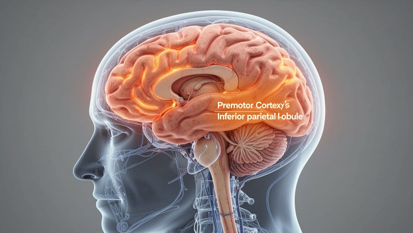 Realistic medical illustration of a transparent human brain in side profile view, premotor cortex and inferior parietal lobule highlighted in glowing orange, high detail anatomy, soft even lighting.