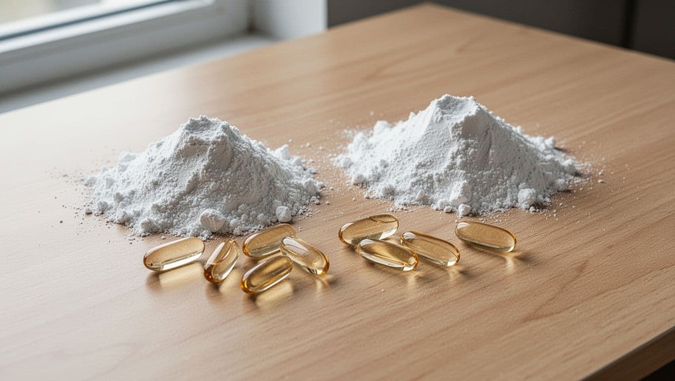 Photorealistic image of two distinct piles of fine white supplement powder beside six open empty gel capsules on a smooth light wooden table surface, illuminated by natural soft window light.