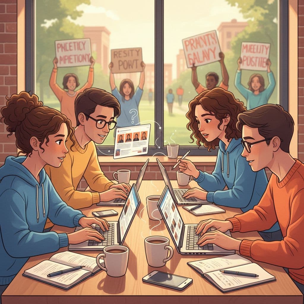 Vibrant illustration of diverse university students in a campus cafe, collaboratively spotting fake grassroots campaigns on laptops and phones, highlighting media literacy with thoughtful expressions and verification processes.
