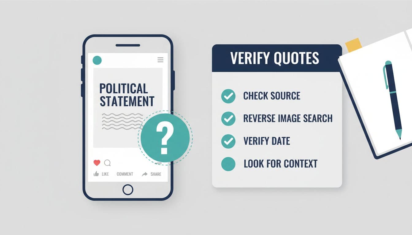 Clean, classroom-friendly infographic showing a smartphone with a questionable political quote and a verification checklist including check source and reverse image search.