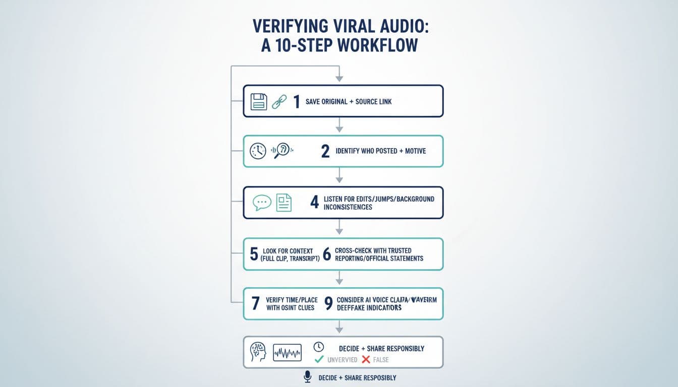 Editorial infographic workflow for verifying viral audio clips like phone calls, leaked recordings, and voice notes.