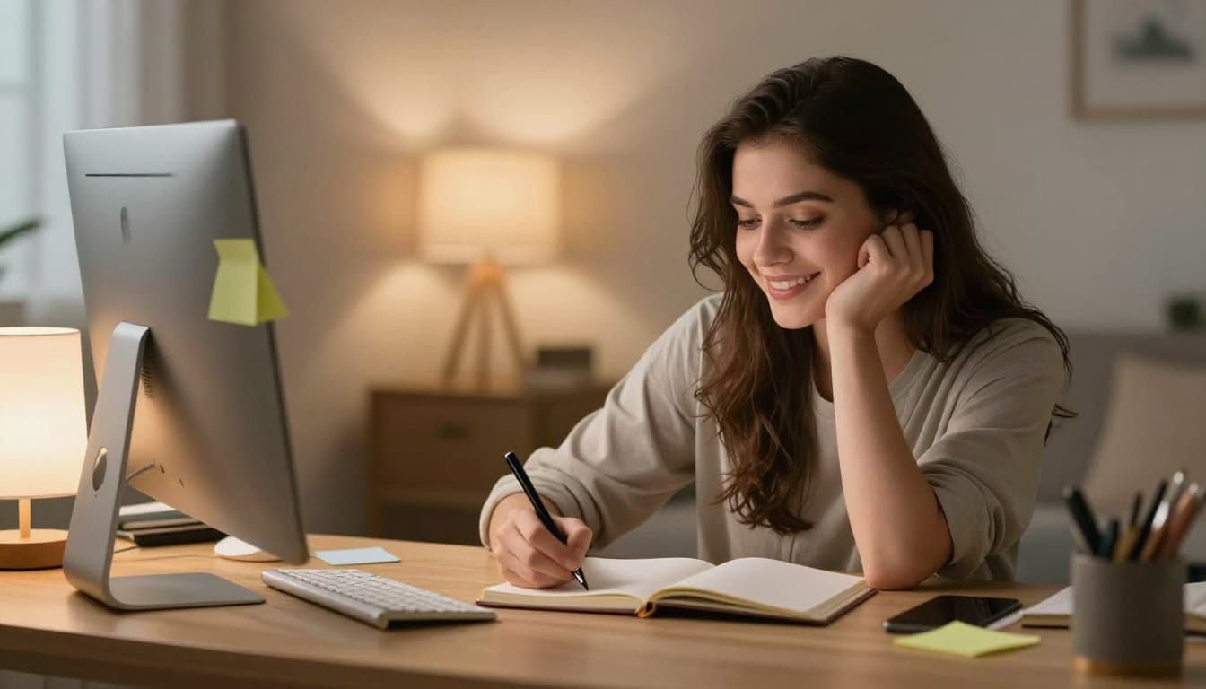 A young adult woman with a relaxed confident smile writes successes in a small notebook at her home desk, with a computer and sticky notes nearby under warm lamp light in a cozy realistic photo style.