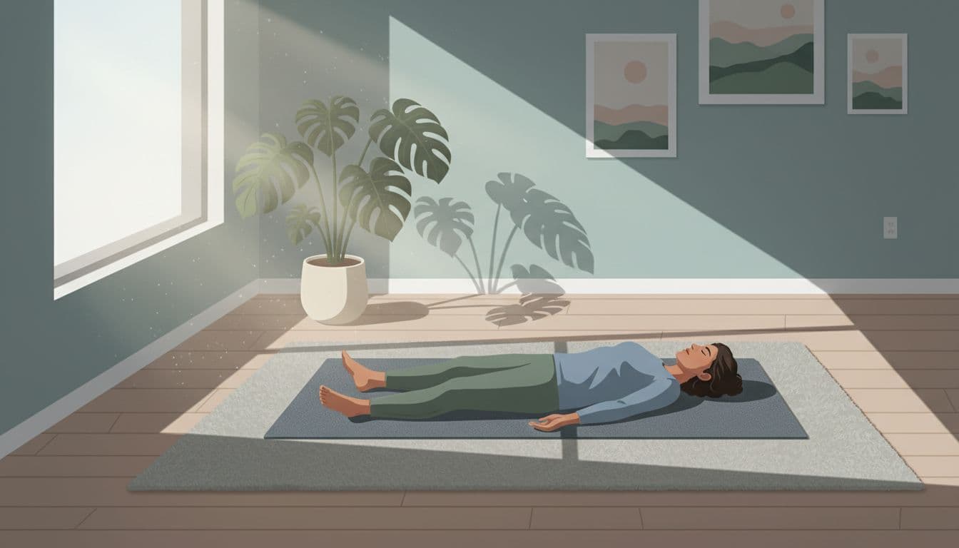 A diverse adult in comfortable clothes lies supine with arms at sides and palms up in the Yoga Nidra pose on a yoga mat in a quiet living room bathed in natural daylight, depicted in a clean calming editorial illustration with soft muted blues and greens.