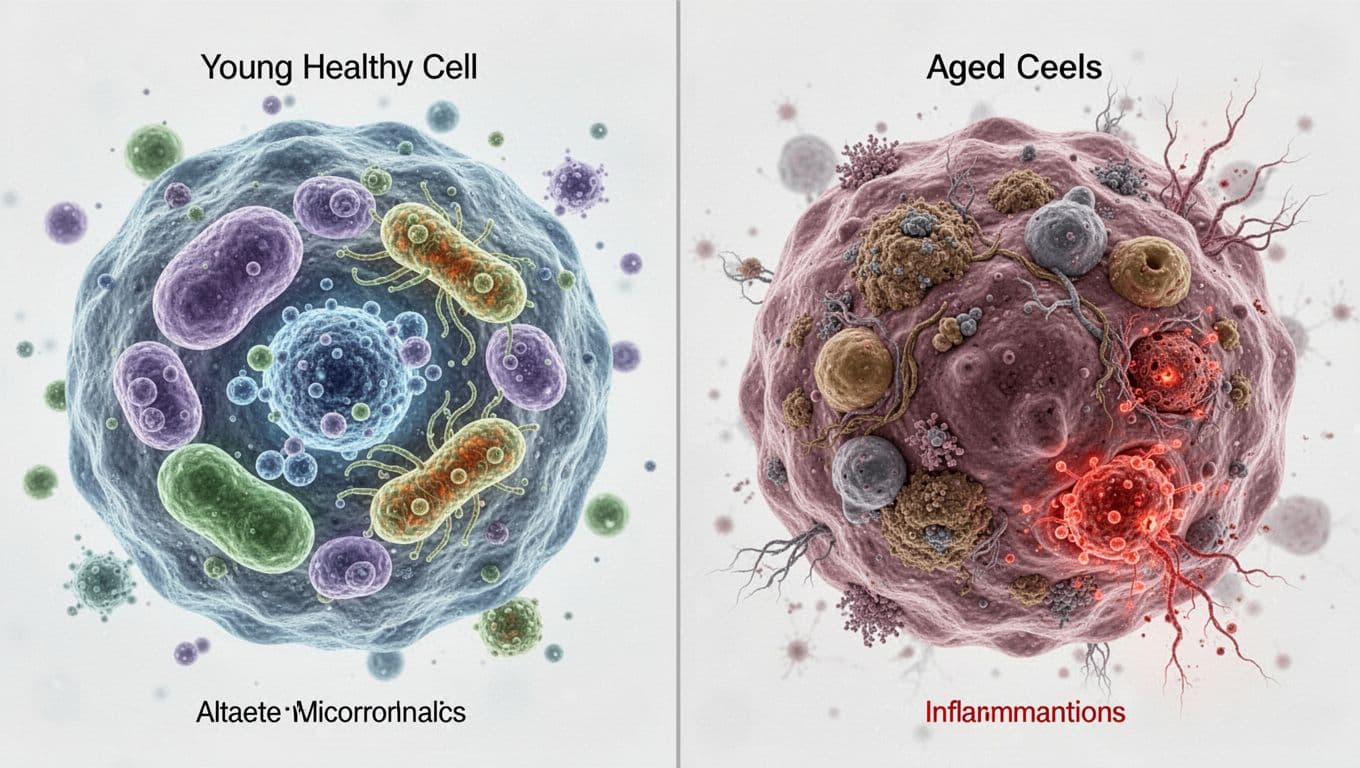 Side-by-side microscopy illustration comparing a young healthy human cell (left) with clean organelles, active mitochondria, and minimal waste, against an aged cell (right) showing accumulated junk, damaged mitochondria, and inflammation signals.