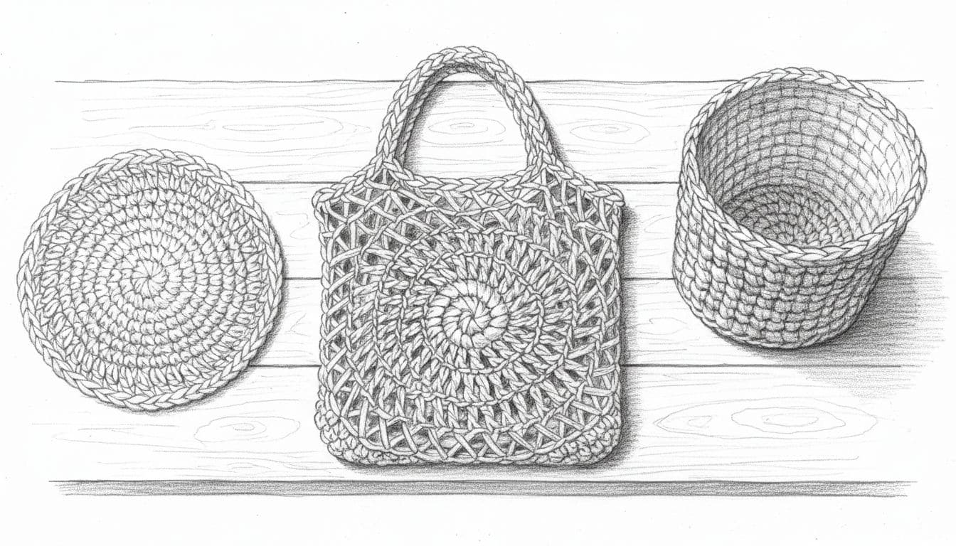 Hand-drawn graphite sketch of three simple plarn crocheted items—a coiled market tote bag, flat circular mat, and sturdy basket—arranged on a wooden table in top-down view, emphasizing plastic yarn textures in monochromatic grays.