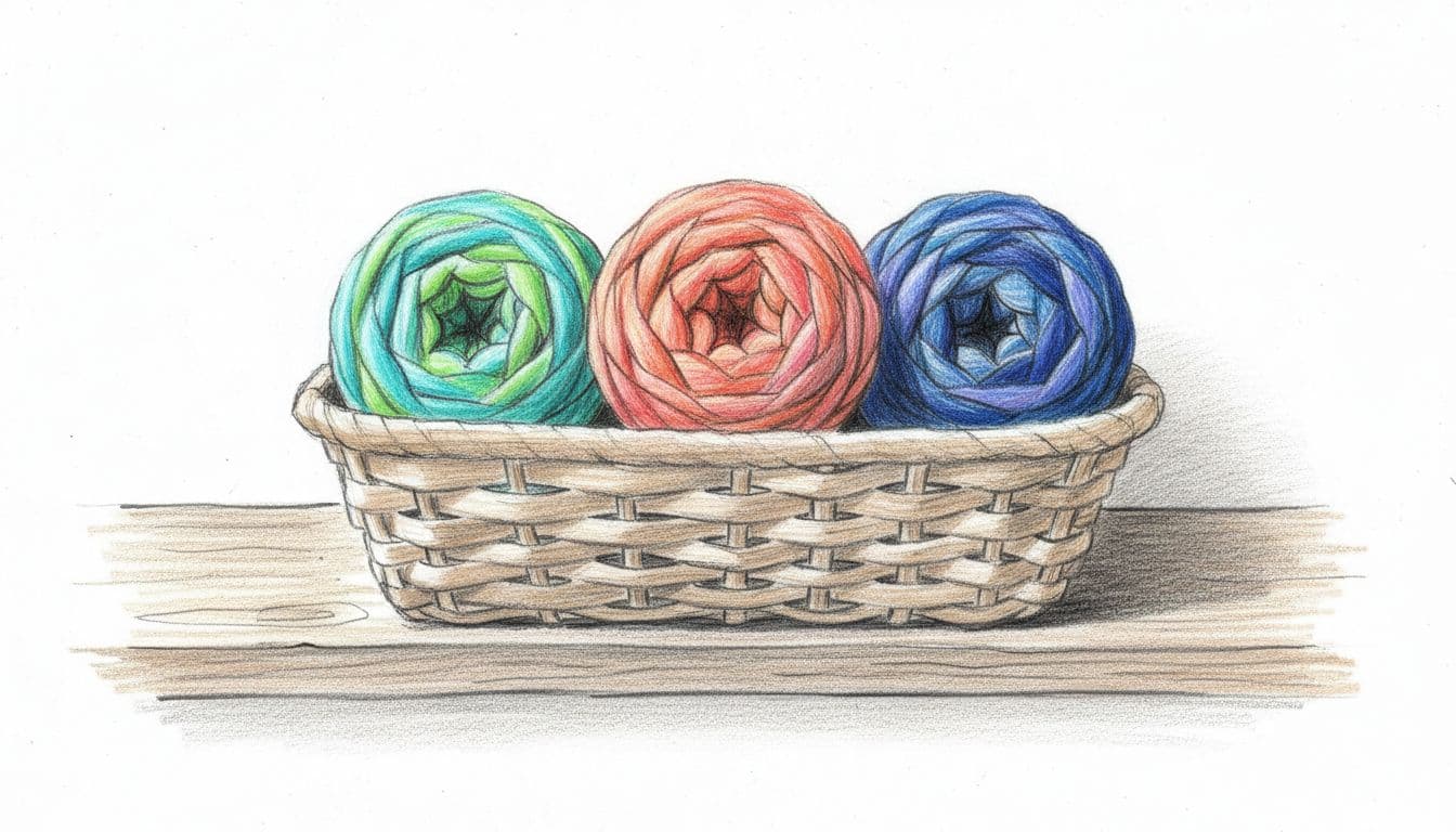 Three colorful t-shirt yarn balls neatly wound in an open woven basket on a wooden shelf, graphite sketch with light shading.