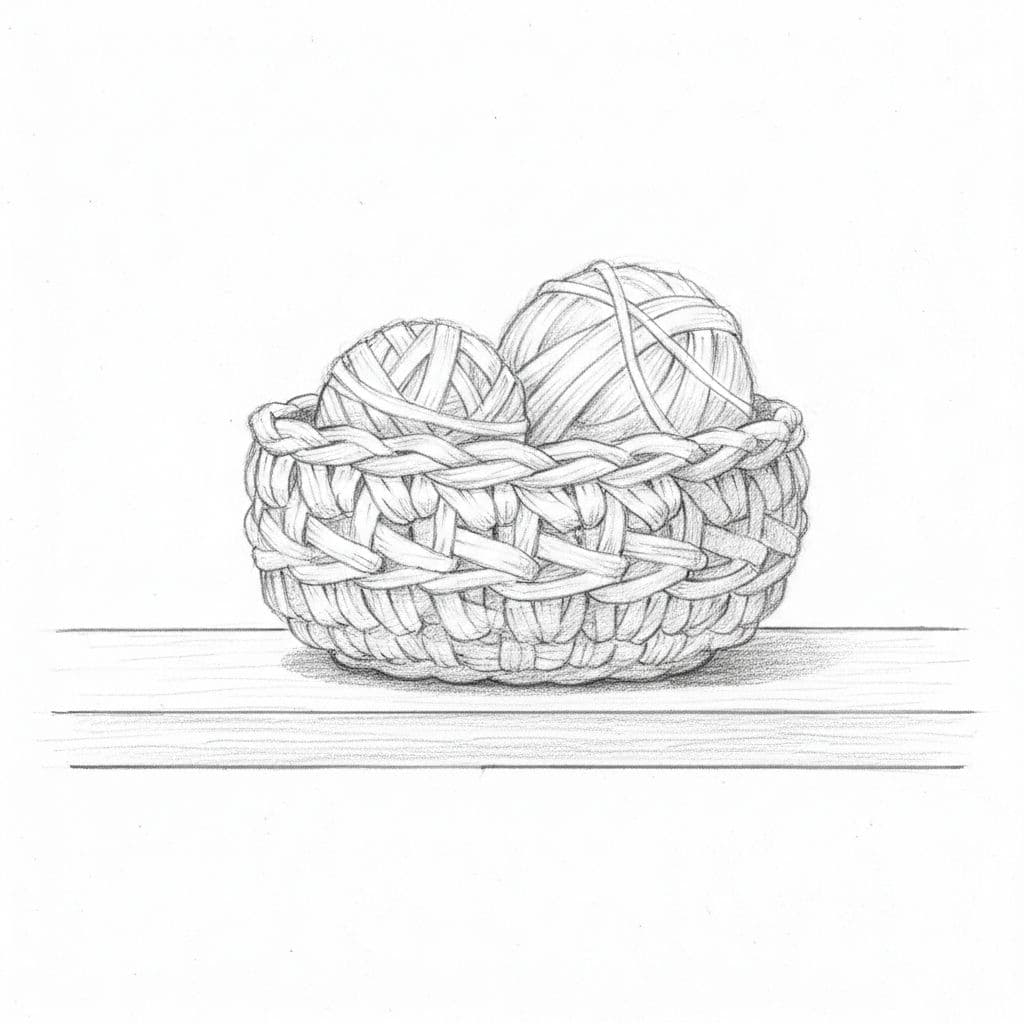 Graphite linework sketch of small crocheted plarn bowl holding two yarn balls on simple shelf.