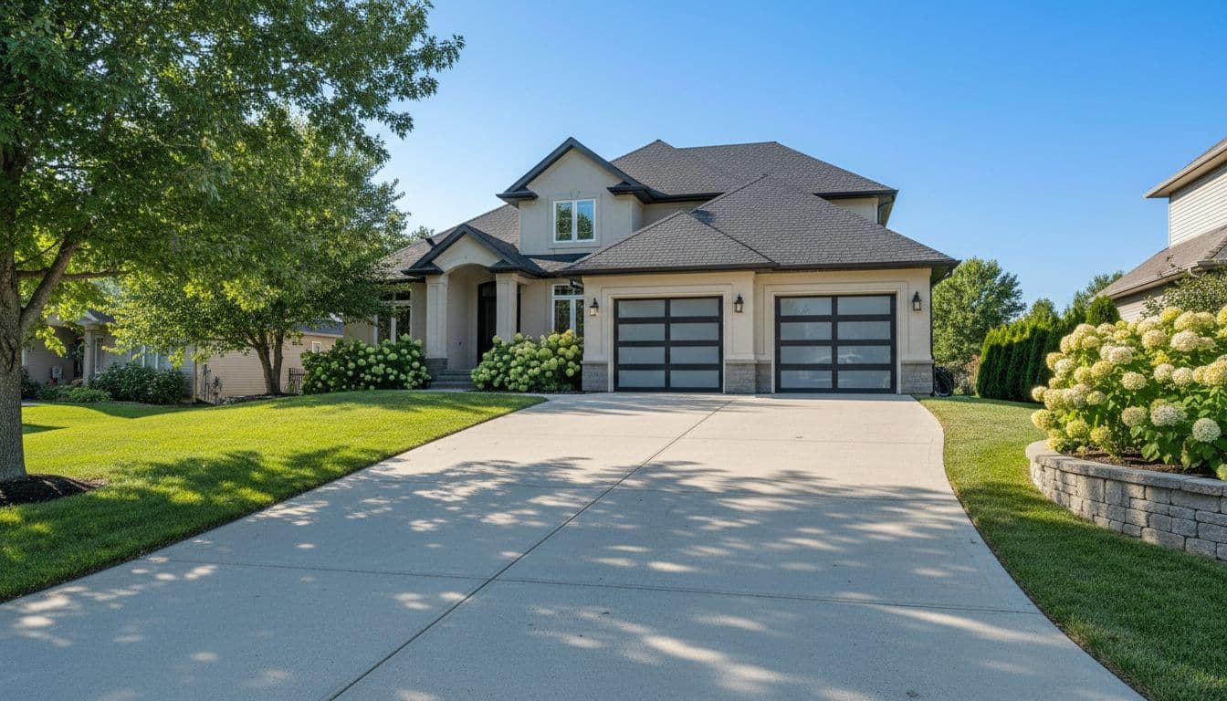 A bright, empty concrete driveway leads to a suburban house on a sunny day.