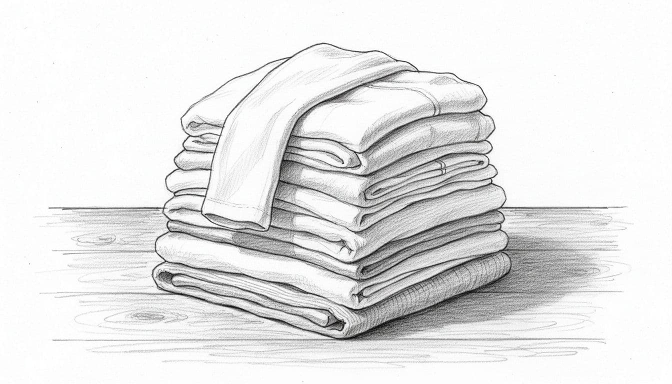 Top-view graphite sketch of piled folded T-shirts, leggings, and knit clothes on wooden table.