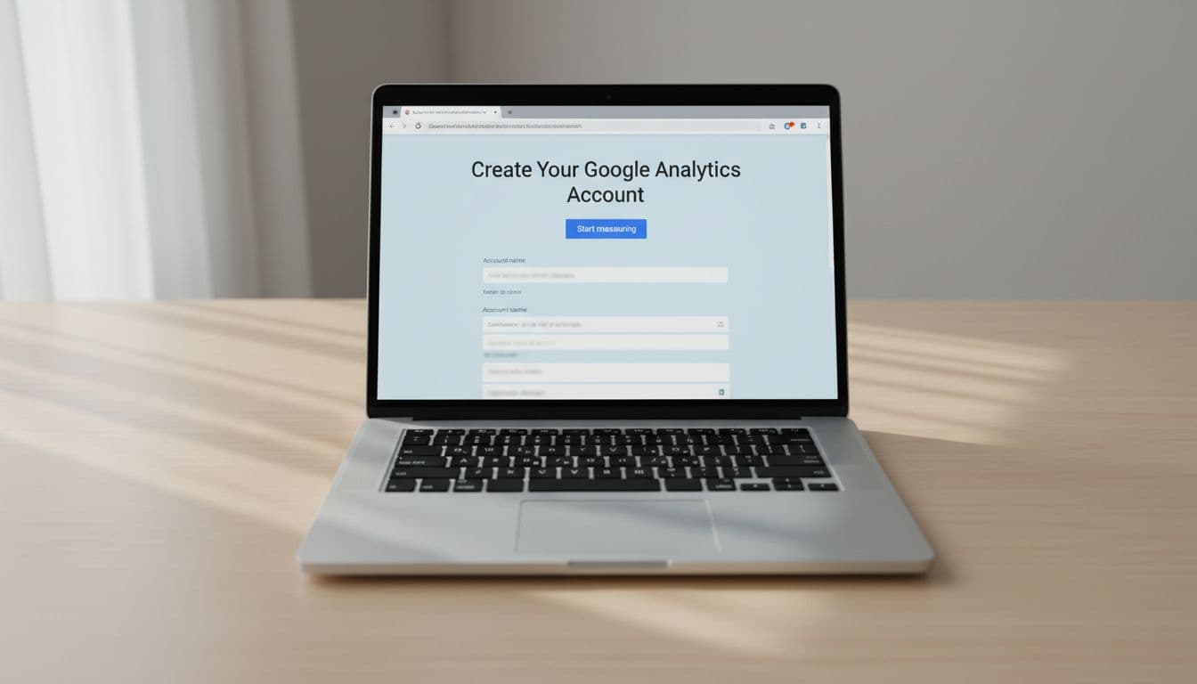 How to Set Up Google Analytics and Search Console in WordPress for Beginners 2 Top-down view of laptop on clean desk showing blurred Google Analytics account setup screen.