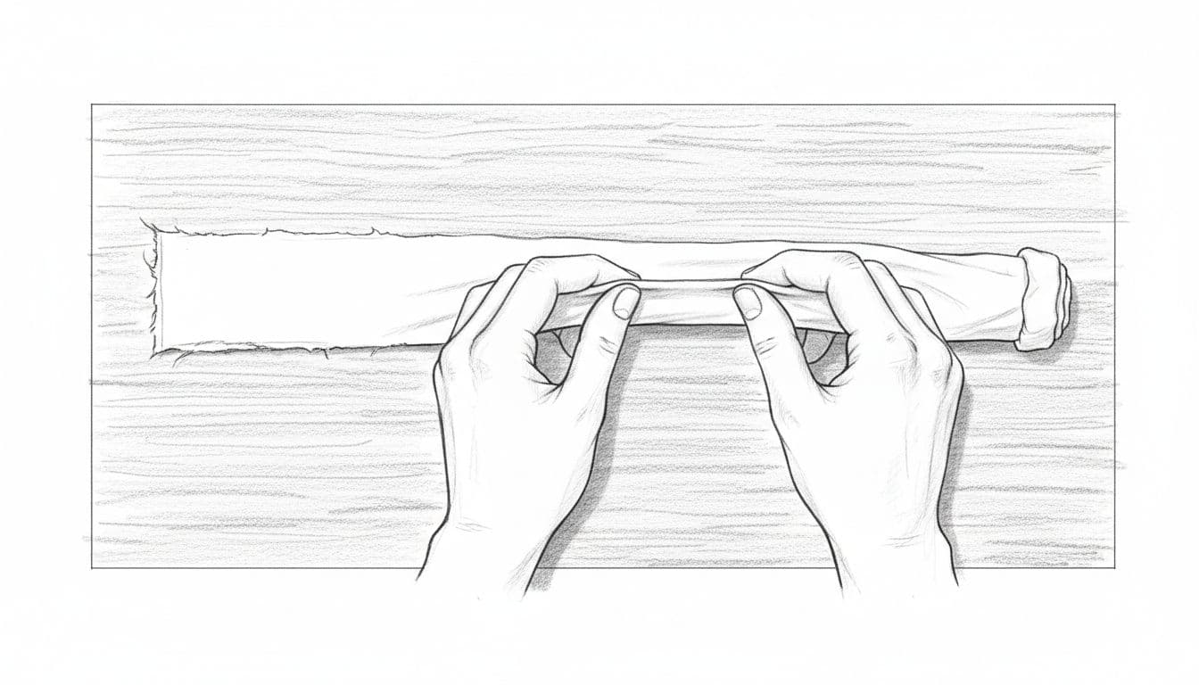 Hand-drawn sketch of hands gently stretching a cut t-shirt strip lengthwise on a wooden table, showing raw edge before and rolled edge after.