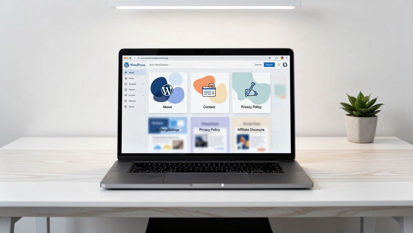 A sleek laptop is centered on a minimalist white desk in a quiet office, its screen showing a WordPress dashboard with abstract icons and blurred previews of essential pages like About, Contact, Privacy Policy, and Affiliate Disclosure. Soft overhead lighting creates a professional glow in a clean, modern aesthetic with subtle wood grain on the desk and a small plant in the background.