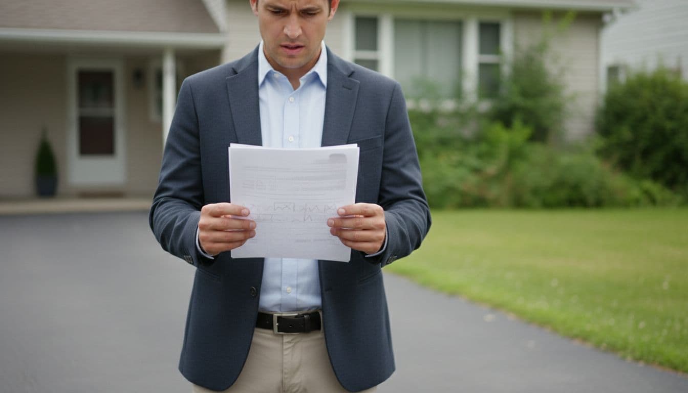 A person standing in a driveway examines an official document regarding property fines.