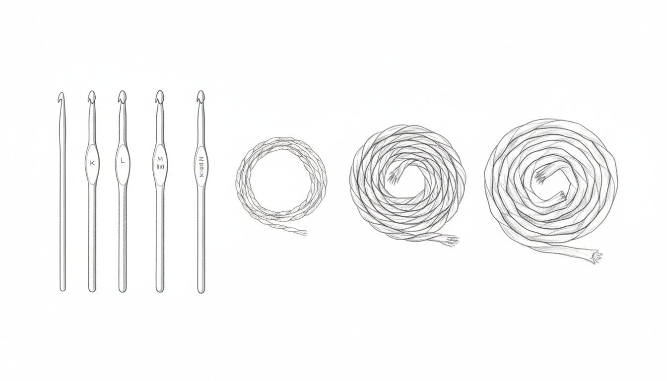 Hand-drawn graphite sketch of crochet hooks sizes K 6.5mm to N 10mm laid next to coiled plarn strips of varying thicknesses, top view side-by-side comparison emphasizing hook shafts against plarn widths on white paper.