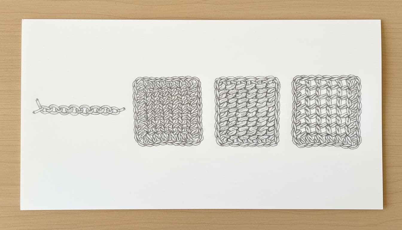 Hand-drawn graphite sketch of four crocheted plarn swatches: chain stitch row, single crochet dense square, half double crochet textured rectangle, and double crochet open square, flat lay top view highlighting stitch height and plastic texture differences.