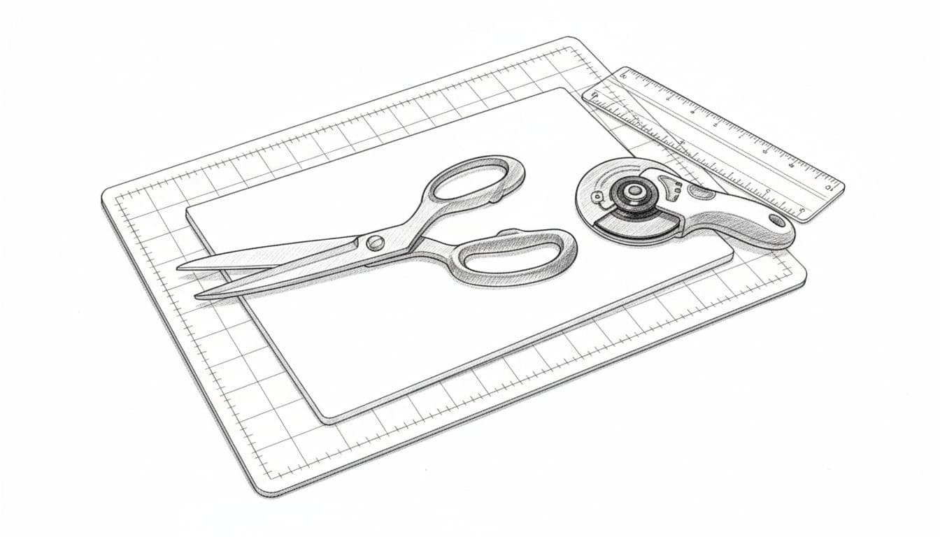 Graphite linework sketch of scissors, rotary cutter, self-healing mat, and acrylic ruler on white background.