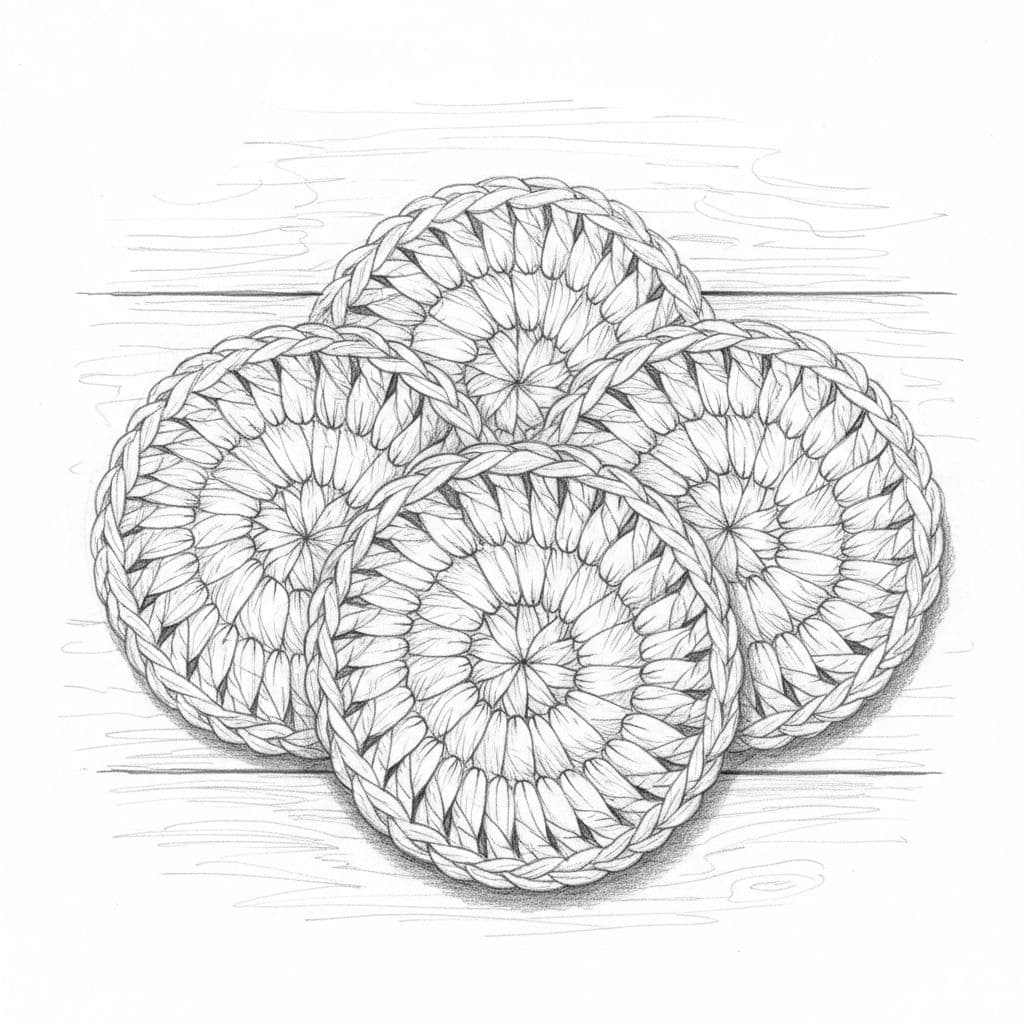 Hand-drawn graphite sketch of three round crocheted coasters from plastic bag strips, slightly stacked on wooden table.