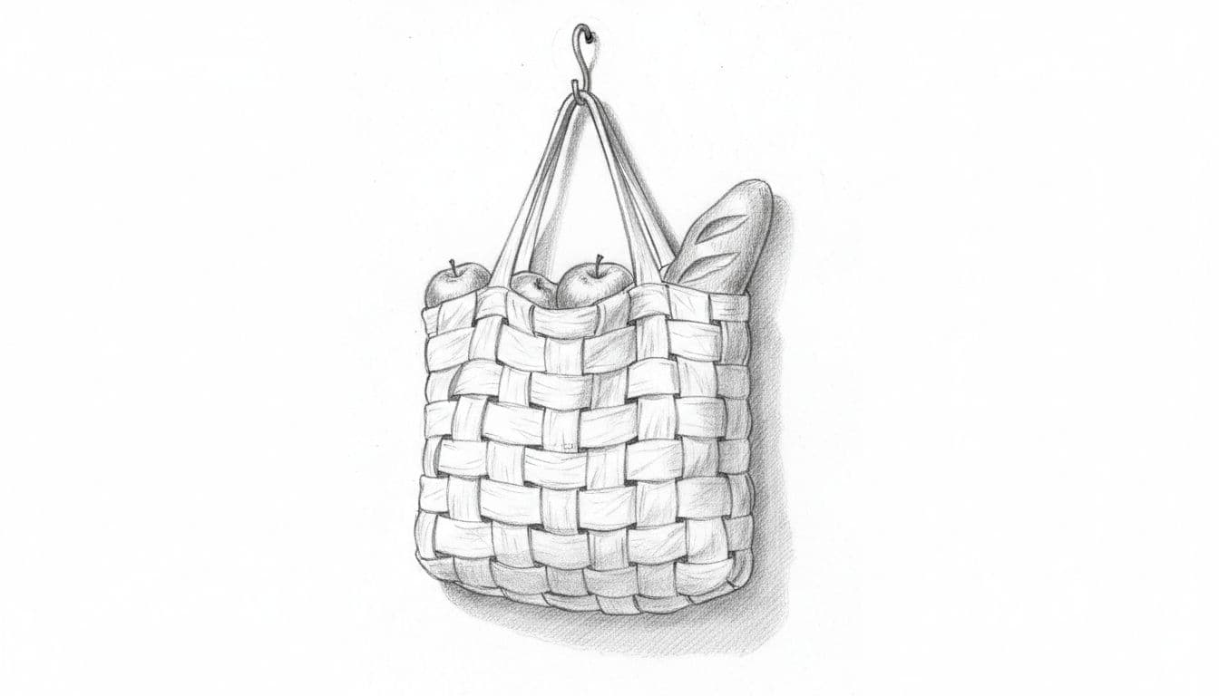 Graphite sketch of crocheted plarn market bag hanging from hook with apples and bread inside.