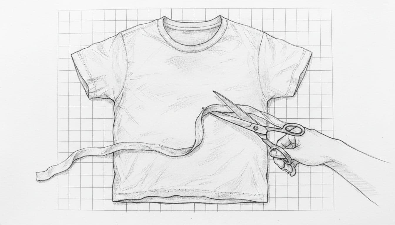 Hand with scissors cuts continuous spiral strip from old T-shirt on cutting mat, graphite sketch style.
