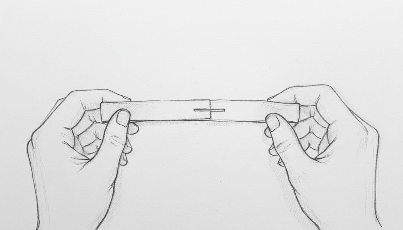 Hand-drawn sketch of two t-shirt strips joined by threading one end through a slit in the other, held loosely by hands on table.