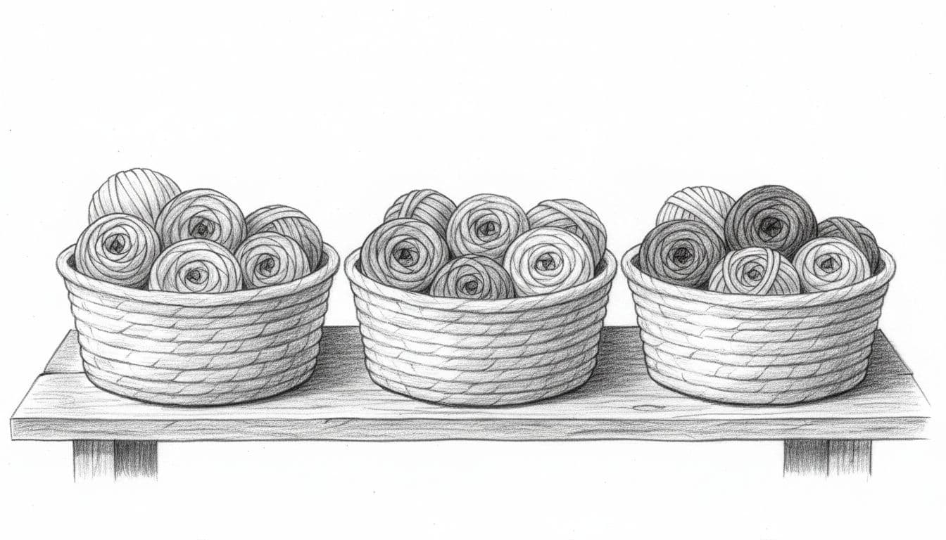 Hand-drawn sketch shows three woven baskets on a wooden shelf filled with neatly wound t-shirt yarn balls in varying thicknesses.