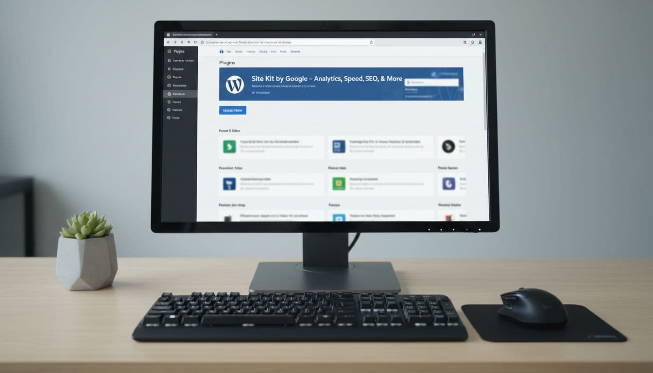 How to Set Up Google Analytics and Search Console in WordPress for Beginners 4 Desktop monitor on office desk shows blurred WordPress plugins page with SiteKit installation, keyboard and mouse nearby.