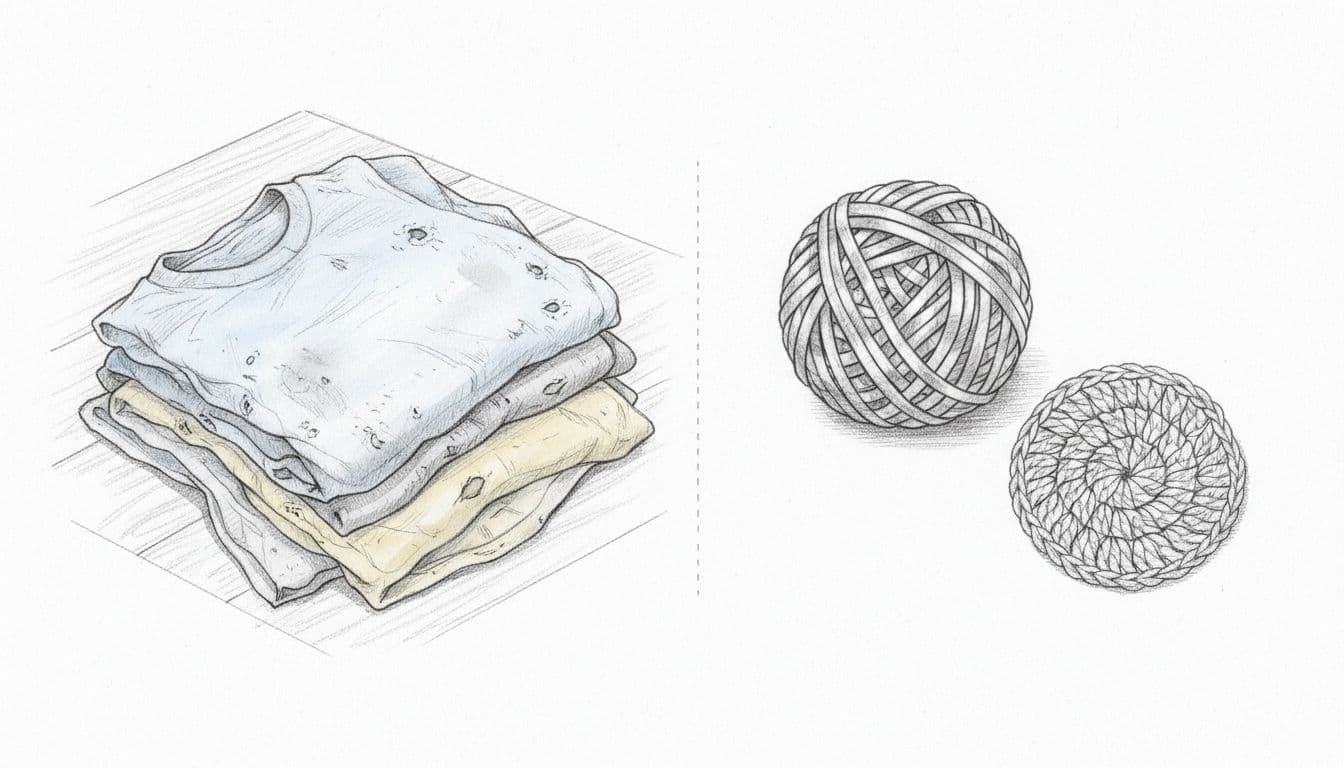 Hand-drawn sketch shows three stained T-shirts beside a wound t-shirt yarn ball and crocheted coaster on a table.