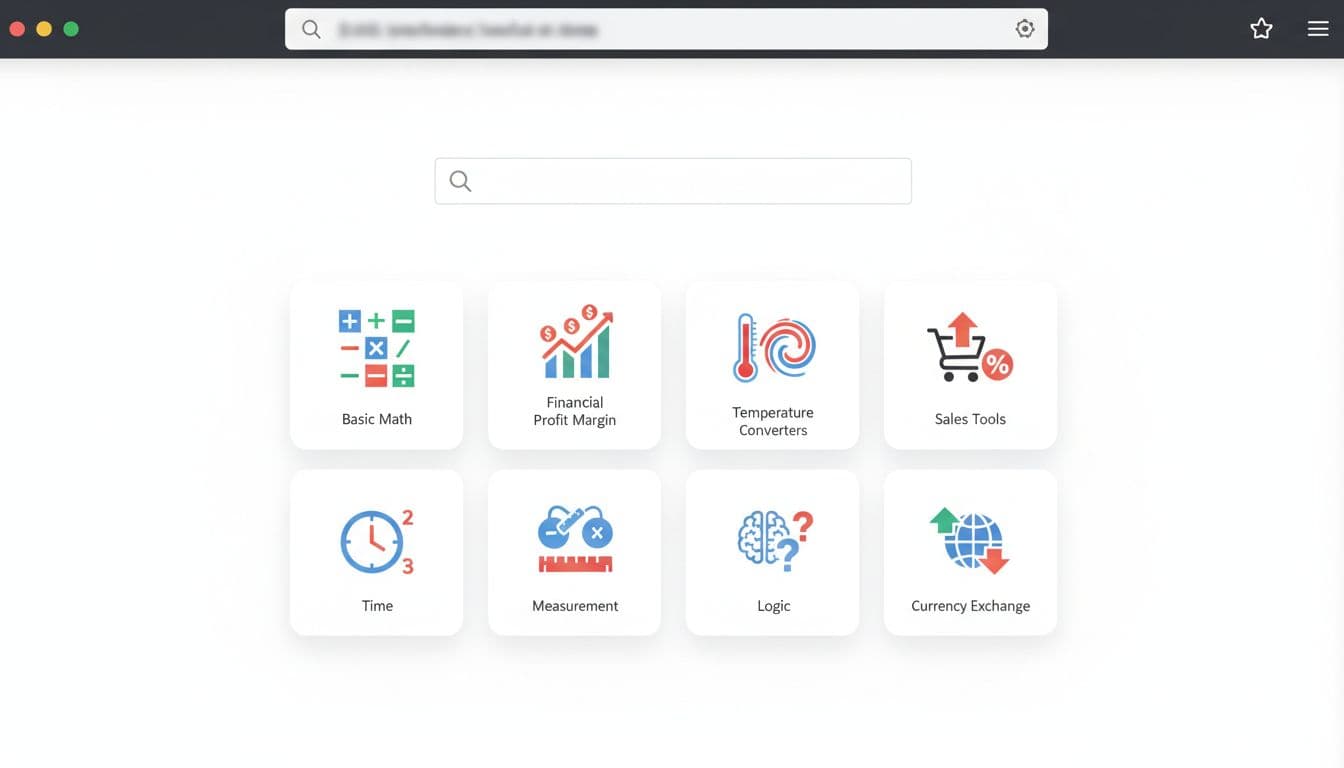 Clean professional website homepage with search bar and grid of thumbnails for various calculators including math, financial profit margin, temperature converters, and sales tools on white background.