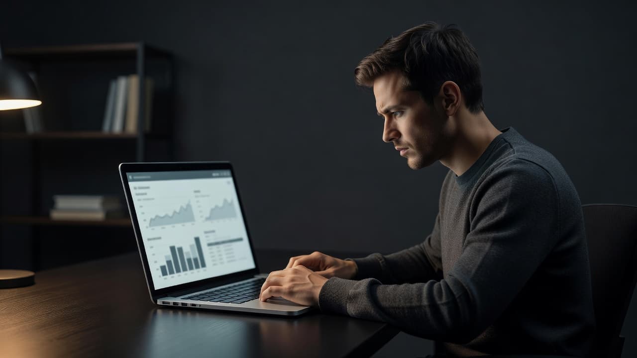 A focused individual works at a dark desk illuminated by warm ambient light. A laptop screen displays blurred, illegible data, highlighting the frustration of managing digital content and advertising analytics.