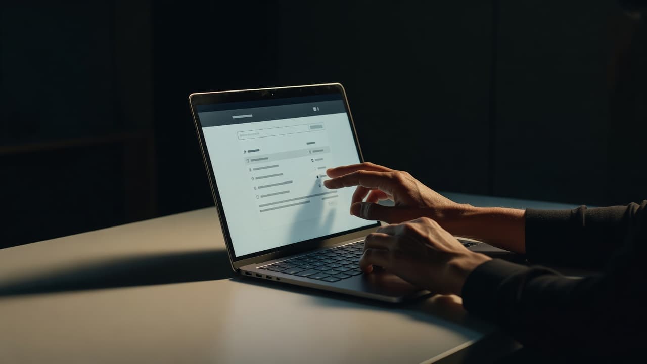 A person carefully adjusts a website navigation menu on a laptop screen within a dimly lit, quiet room. Dramatic side lighting highlights their hands and the crisp, clean display details.