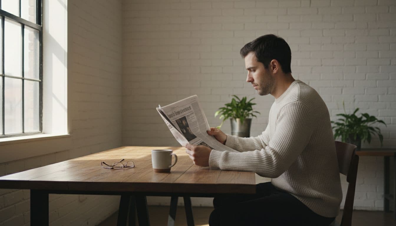 A focused individual sits at a polished wooden table, carefully examining the pages of a physical newspaper. Sunlight streams into the quiet, well-lit room, highlighting the reader's engaged posture and expression.
