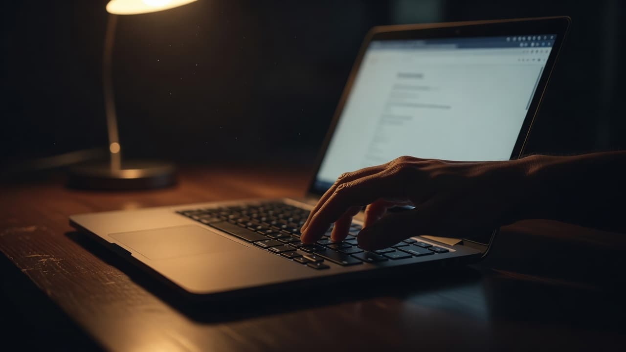 A close-up shot captures a person's finger hovering over the enter key on a sleek laptop keyboard. The dark, warm-toned environment emphasizes the focused, professional action of finalizing an application.