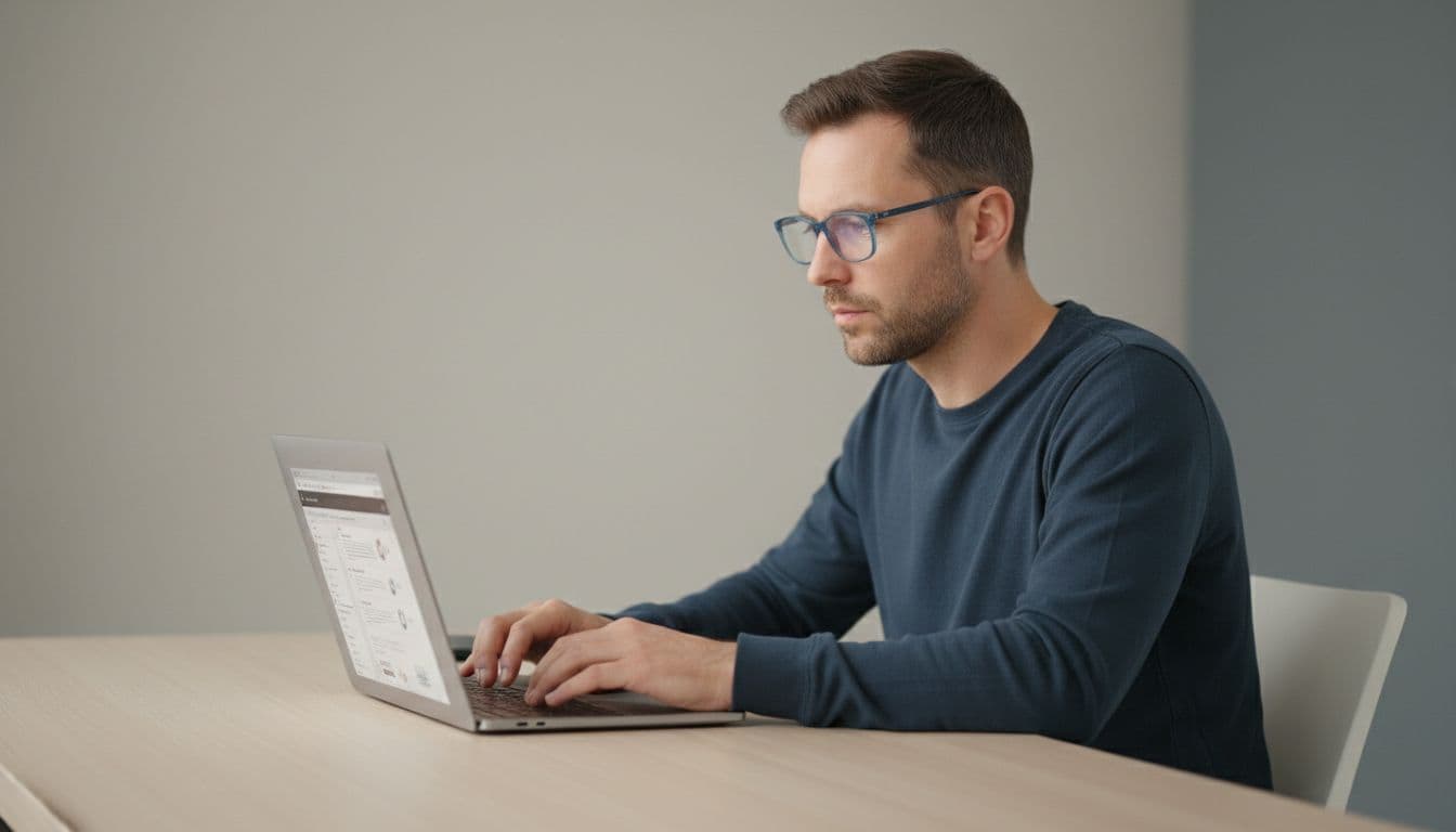 A focused individual types on a laptop at a minimal desk. The clean workspace features a neutral backdrop, highlighting the subject's deep concentration while analyzing digital information and news sources.