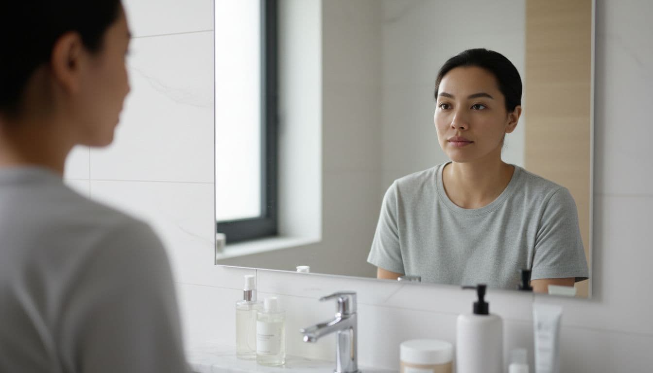 A person looks in a bathroom mirror with a thoughtful expression while checking their skin condition.