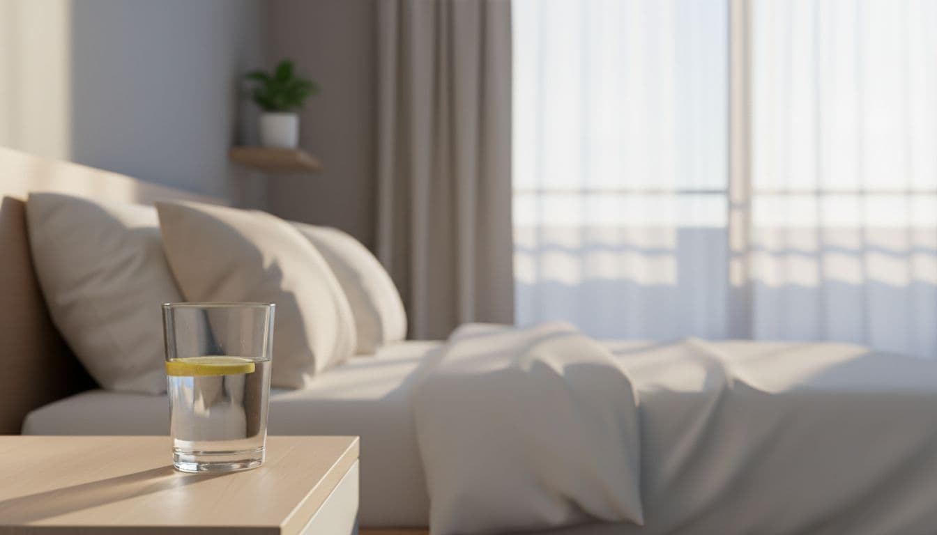 A clear glass of water sits on a bedside table bathed in soft morning sunlight.