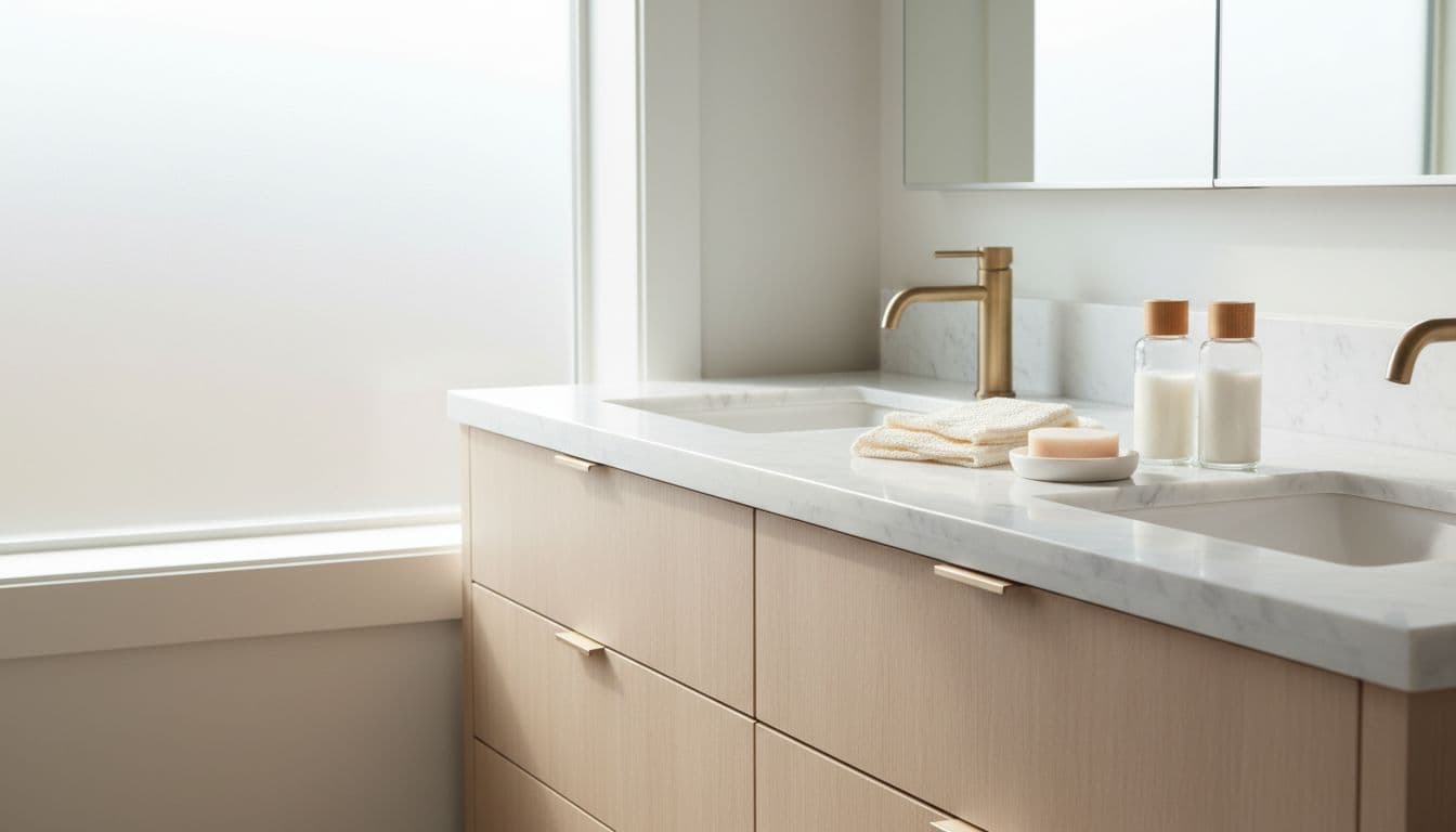 A sunny bathroom vanity features essential skincare bottles and a folded towel.