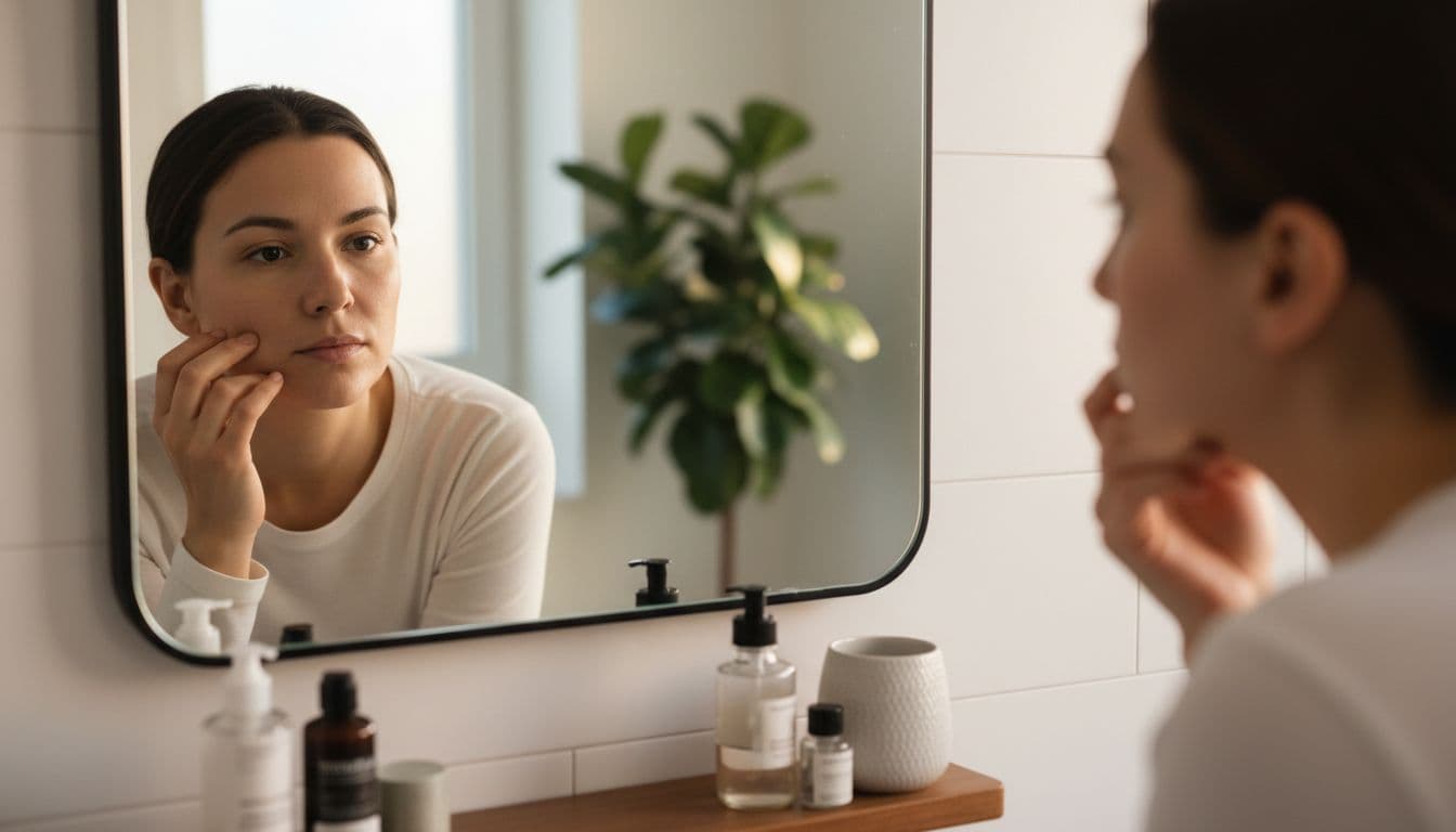 A person leans toward a bathroom mirror to closely observe their facial skin.
