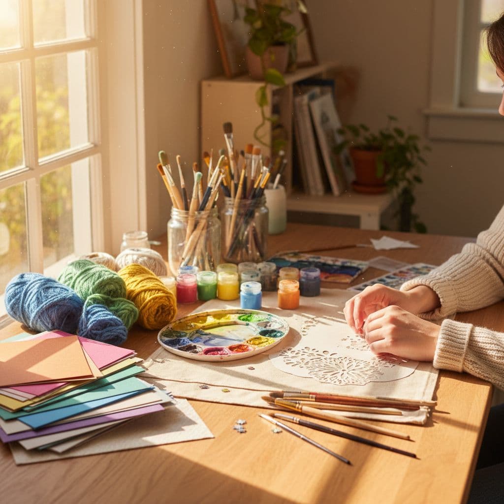 A sunlit wooden desk features organized craft supplies like yarn, paints, and paper near resting hands.