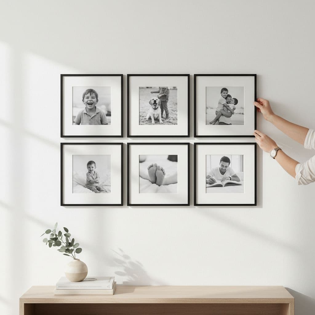 A hand adjusts a black picture frame in a symmetrical six-grid arrangement on a white wall.