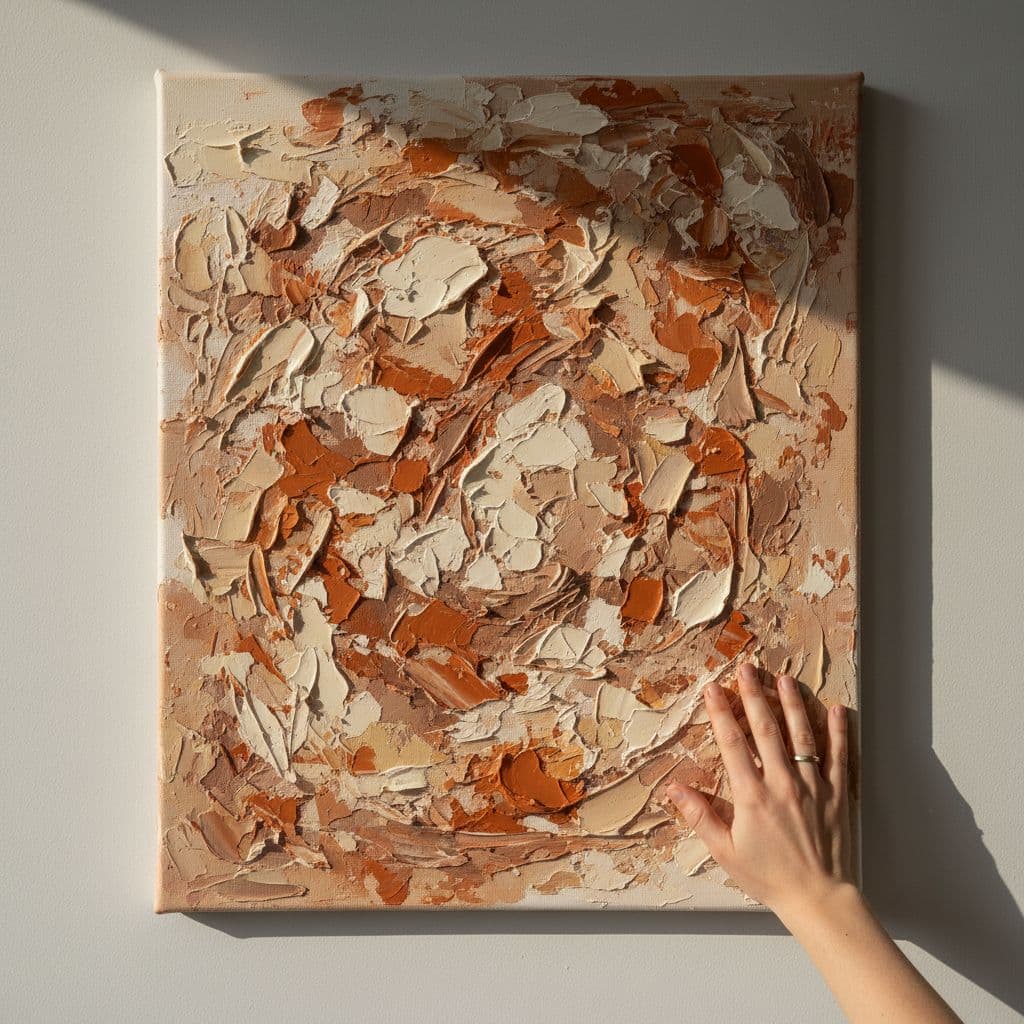 A close-up view of a minimalist canvas painting featuring thick terracotta and beige paint textures on a wall.