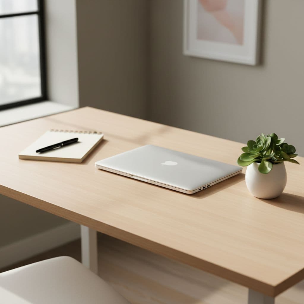 A clean desk featuring a laptop, notebook, and a small plant bathed in natural light.