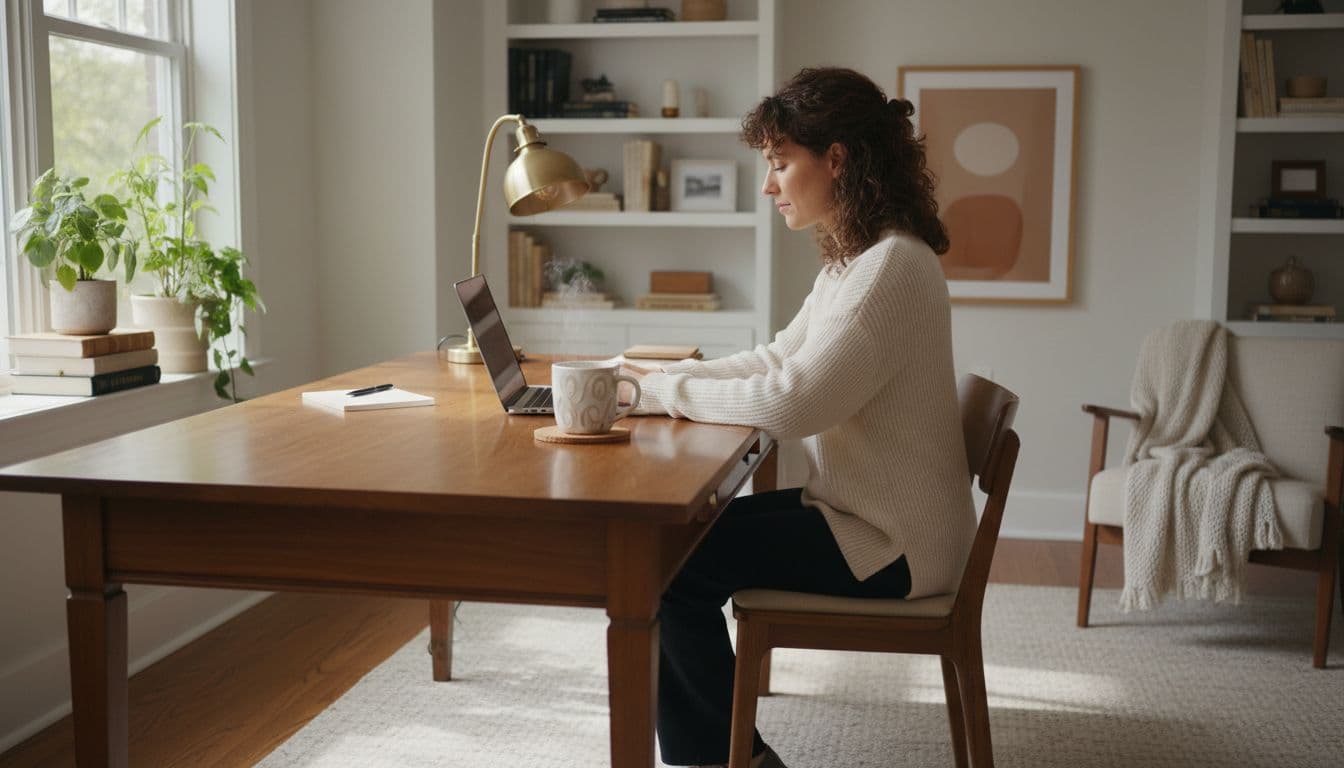 A person works on a laptop in a bright, organized home office environment.